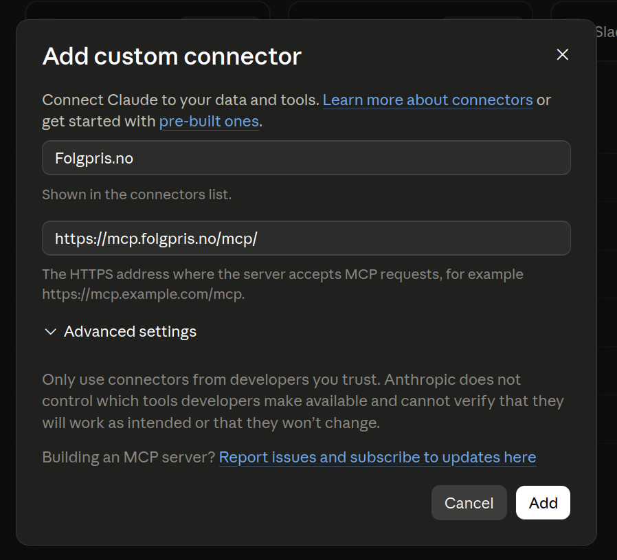 Dialogen «Add custom connector» i Claude med koblings-URL-en til Folgpris fylt ut